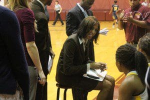 B-CU Women's Head Coach Vanessa Blair drives a point home with her players. Karsceal Turner-WONO