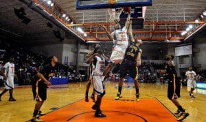 SSU’s Jyles Smith attempts to score inside while Kevin Dukes and Marc Mack look on. Photo Credit: SSUathletics