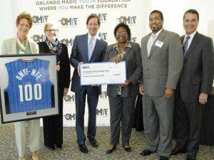 Orlando Magic Chairman Dan DeVos, Magic CEO Alex Martins and Magic VP of Community Relations and Government Affairs Linda Landman Gonzalez joined representatives from Early Learning Coalition of Orange County as one of four organizations to receive a $100,000 grant on January 24 through the Orlando Magic Youth Fund, a McCormick Foundation Fund (OMYF-MFF). Representatives from 17 nonprofit community organizations in Central Florida were named to the OMYF All-Star Team, receiving grants totaling more than $1 million from the OMYF-MFF. This is the third consecutive year the OMYF-MFF presented checks totaling more than $1 million. Photo taken by Gary Bassing.