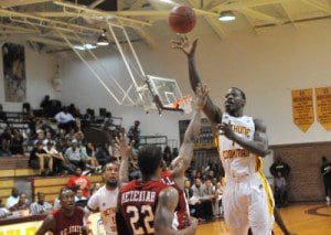 Adrien Coleman drives to the hoop for two of his 26 Saturday. photo credits B-CU athletics
