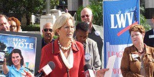 Deidre Macnab - State President - League of Women Voters of Florida calls urgently for successful election reform at a press conference, Orange County Court House, Orlando, November 13, 2012. (File Photo: WONO)