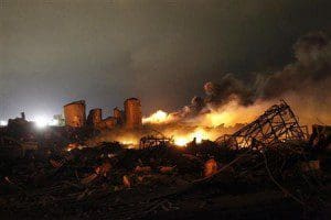 The remains of a fertilizer plant burn after an explosion at the plant in the town of West, near Waco, Texas early April 18, 2013. REUTERS/Mike Stone