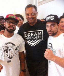 The Rev. Jesse Jackson, center, encourages Dream Defenders Executive Director Phillip Agnew and Legal and Policy Director Ahmad Abuznaid at Gov. Rick Scott’s office. (SPECIAL TO THE FLORIDA COURIER)