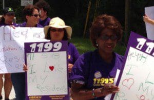 Nursing home workers and 1199 SEUI members join forces and protest the cuts in work hours for dietary workers and housekeepers,