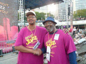 Miami Native Terro Fenderson (rt) shares moment with DJF staffer after Ahmad Jamal performance)
