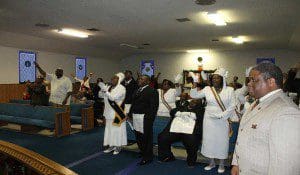 Members of the Masonic body jump and shout during Sunday's message at Shiloh A.M.E. Church. (Photo: WONO)