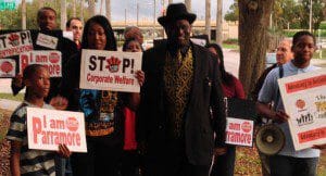 Community groups protest the demolition of Tinker Field on the 50th Anniversary of Dr. Martin Luther King, Jr.'s speech at the historic sports venue, Tinker Field, March 6, 2014. (Photo: WONO)