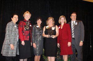 l-r: School Board Members Karen Almond, Dede Schaffner, Tina Calderone, 2015 SCPS Teacher of the Year Bridget Dycus, School Board Member Amy Lockhart, and SCPS Superintendent Walt Griffin. (Photo: SCPS)
