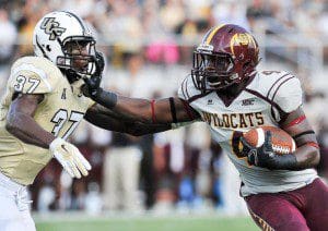 B-CU’s Anthony Jordan stiff-arms a UCF defender Saturday, September 20, courtesy: B-CU Athletics)