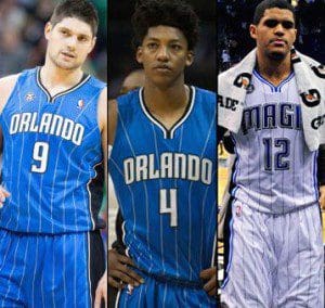 l-r: Orlando Magic's Nikola Vucevic, Elfrid Payton & Tobias Harris